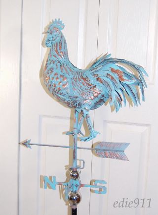 Large Strutting Rooster 3d Weathervane Aged Copper Patina Handcrafted photo