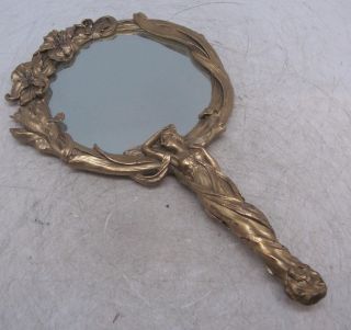 Ladies Art Nouveau Gilt Bronze Hand Held Dressing Mirror - Floral Decoration photo