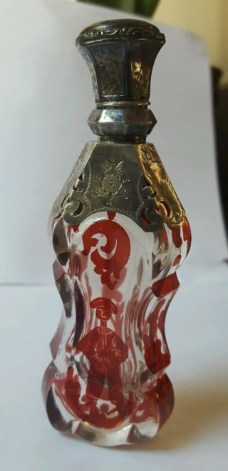 19th C.  Ruby And Clear Glass Crystal Scent Bottle With Sterling Top Danish? photo