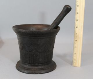 Early 19thc,  Signed Chilled,  Fancy Antique Pharmacy Cast Iron Mortar & Pestle photo