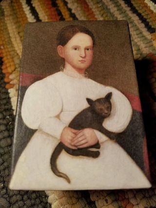 Folk Art Antique Oil Portrait Girl Black Cat Repro Paper Mache Box Handpainted photo