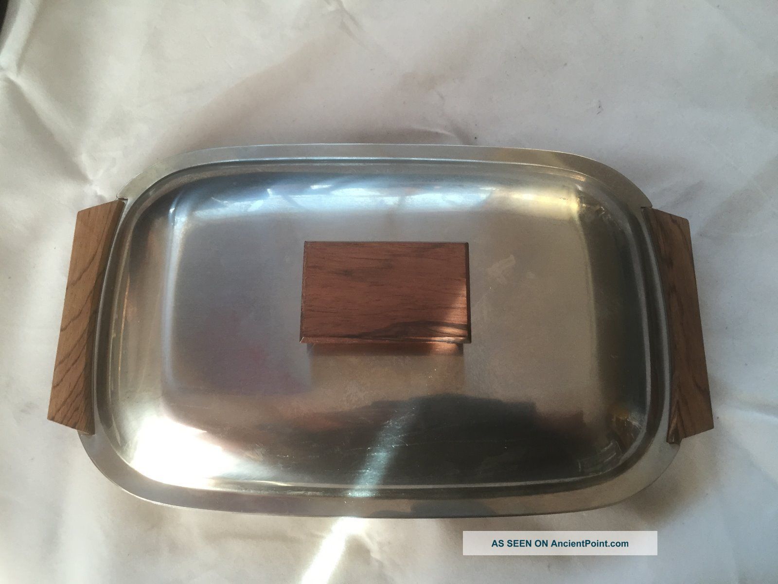 Mid Century Modern 18/8 Denmark Stainless Teak Handle Knob Divided Dish Tray Mid-Century Modernism photo