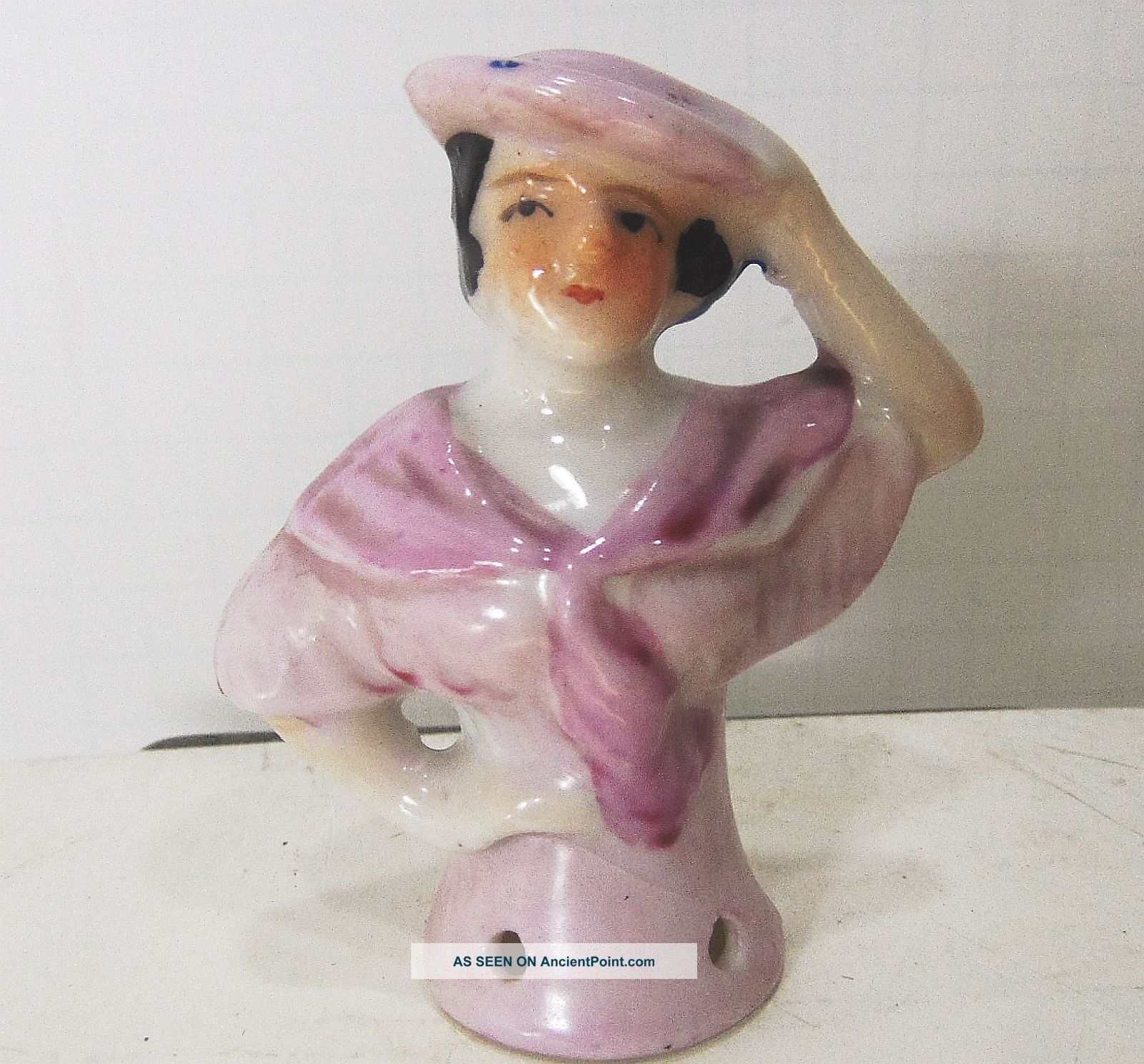Vtg Bisque Porcelain Half Doll Pincushion Sewing 1920 Sculpt Mold Hat Figurine I Pin Cushions photo