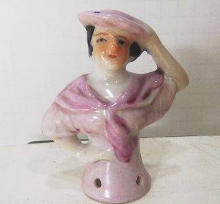 Vtg Bisque Porcelain Half Doll Pincushion Sewing 1920 Sculpt Mold Hat Figurine I photo