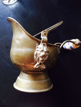 Small Antique Vintage Brass Copper Fireplace Scuttle Coal Ash Bucket Lions Head photo