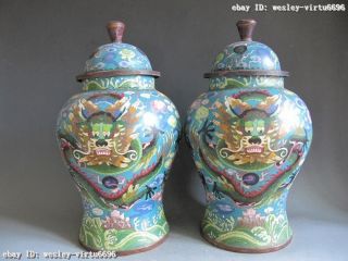 Chinese Royal Old Copper Handwork Cloisonne Six Dragon Jar Crock Pot Vase Pair photo