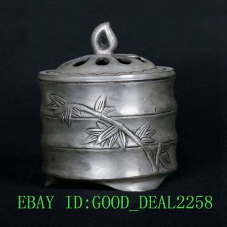 Tibet Silver Copper Hand - Carved Bamboo Leaves Incense Burner W Qianlong Mark 701 photo