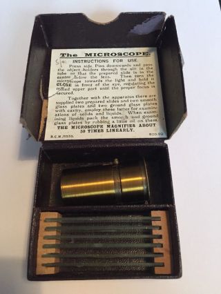 Antique Vintage Brass Microscope (miniature),  Glass Slides (rare & Unusual) photo