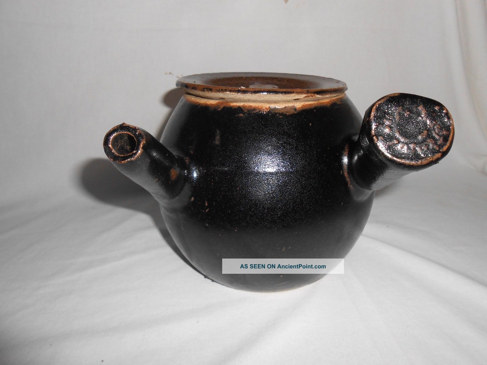 Antique Primitive Redware Pottery Medicine Pot Syrup Jug Lid & Handle Signed Primitives photo