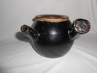 Antique Primitive Redware Pottery Medicine Pot Syrup Jug Lid & Handle Signed photo