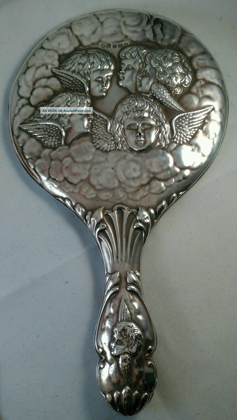 Antique Hand Mirror,  1907 Sterling Silver Angels,  Cherubs,  Edwardian,  Nouveau,  11 