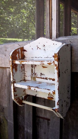 Vintage Mid Century Distressed Wood Wall Cabinet & Towel Rack Primitive Antique photo