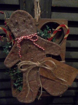Prim Christmas/holiday Decor - Handmade Gingerbread Man On Vintage Muffin Tin photo