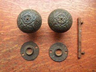 Antique Fancy Vernacular Bronze Doorknobs & Rosettes By Branford C1886 photo