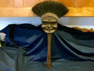 Old Carved Wood Figural Face Ie Wind 4 Seasons Spooky Broom Fireplace Mop Plaque photo