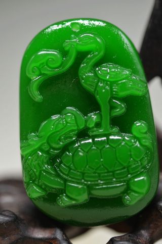 Delicate Chinese Natural Green Jade Hand Carved Dragon Turtle& Crane Pendant Hs4 photo