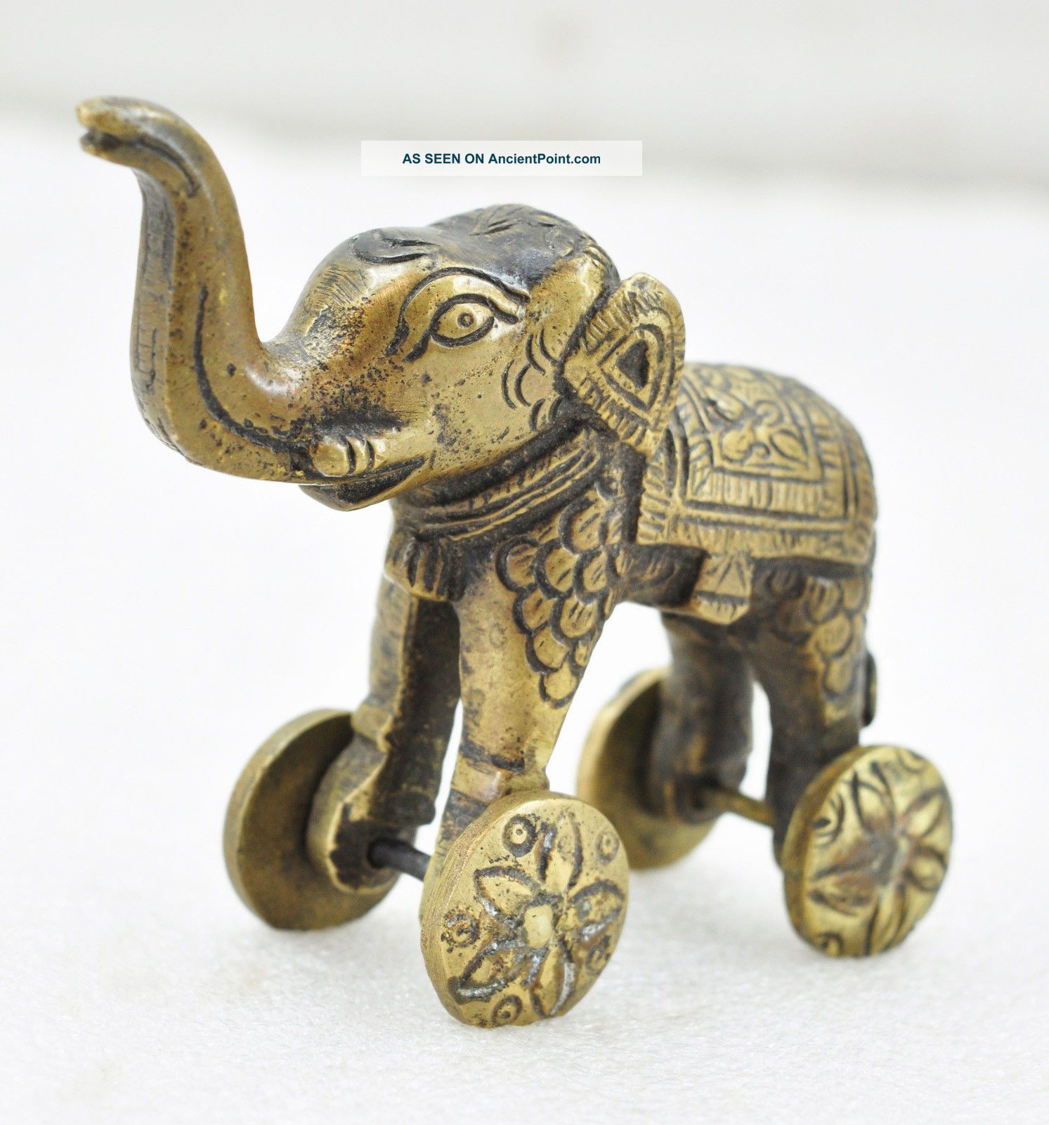 1900s Indian Antique Hand Crafted Engraved Brass Elephant On Wheels Figurine India photo