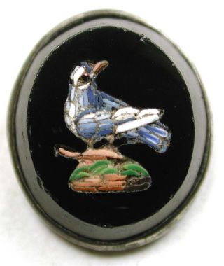 Antique Oval Micro Mosaic Glass Button Colorful Blue Bird Design - 1/2 