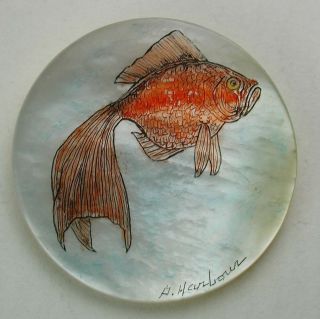 Etched Studio Shell Button Gold Fish Pictorial - 1 
