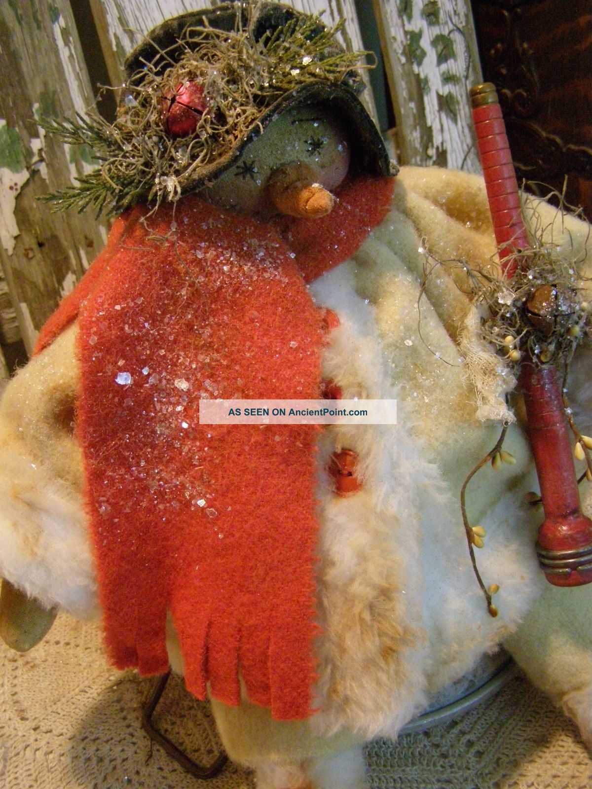Primitive Snowman Doll Old Wool,  Old Spindle,  Old Photo,  Folk Art Snowman Doll Primitives photo