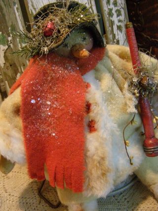 Primitive Snowman Doll Old Wool,  Old Spindle,  Old Photo,  Folk Art Snowman Doll photo
