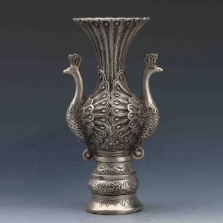 Tibetan Silver Hand - Carved Peacock Vase W Qianlong Mark G799 photo