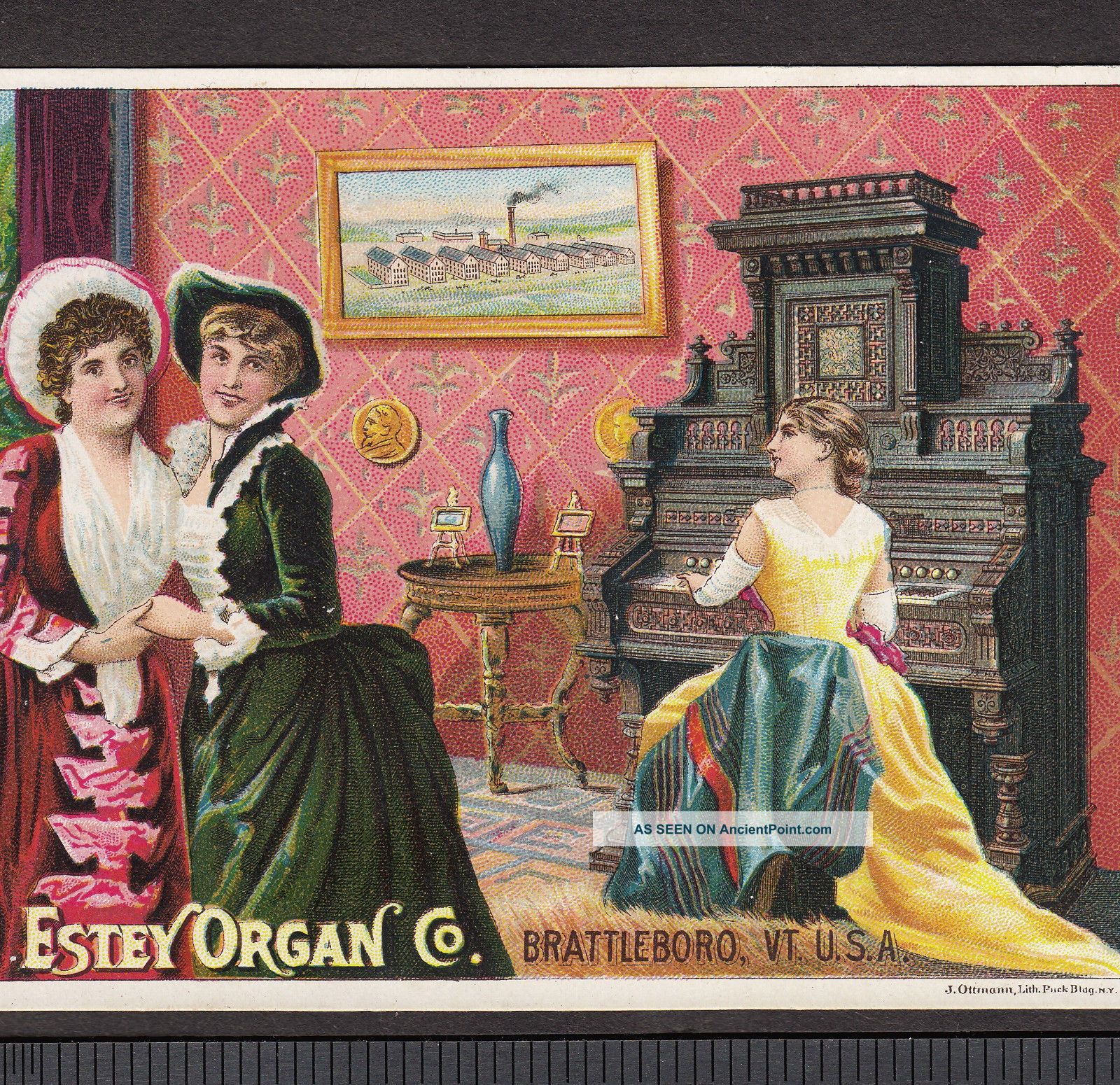 Estey Organ Co Brattleboro Factory View Antique Victorian Advertising Trade Card Keyboard photo