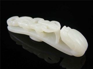 Antique Old Chinese Nephrite White Jade Belt Hook Buckle Dragon & Son Qing Dy. photo