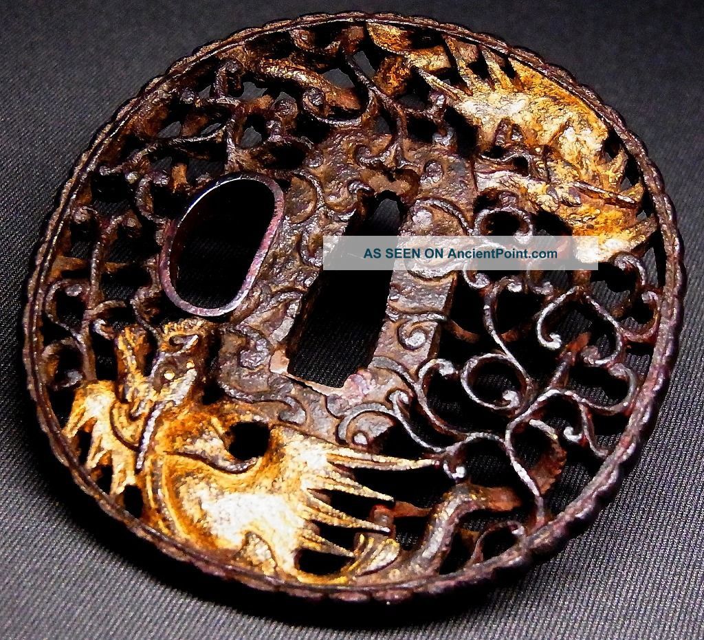 Tsuba 18 - 19th C Japanese Edo Antique Sword Fitting “legendary Beasts“ C927 Tsuba photo