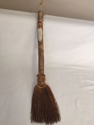 Vintage Hand Held Whisk Wooden Broom Handle With Carved Santa Face photo