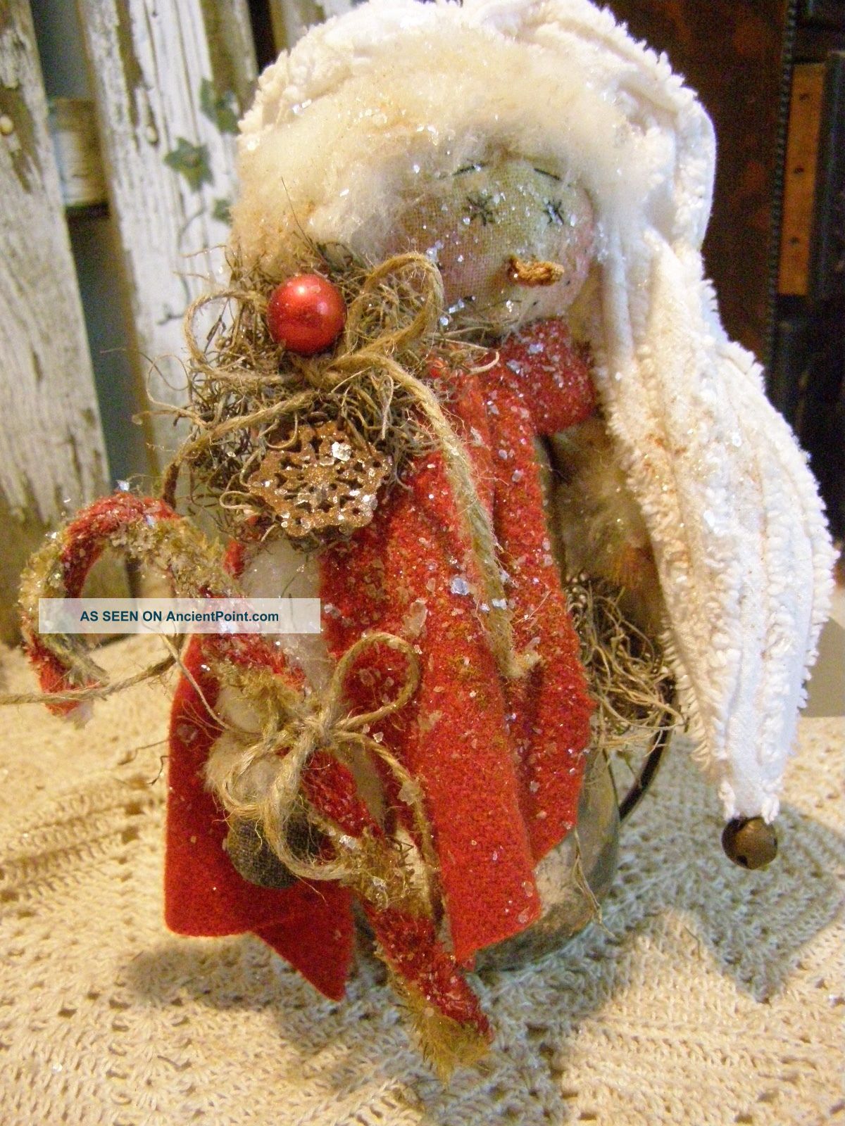 Primitive Snowman Sitter Doll,  Old Chenille,  Old Photo,  Folk Art Snowman Doll Primitives photo
