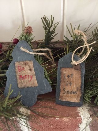 Slate Ornaments 2 Primitive Christmas Rusty Pin Jingle Bell Gift Tag Farmhouse photo