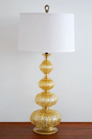 Mid Century Barovier & Toso Murano Cordonato D ' Oro Gold Fleck Tall Table Lamp photo