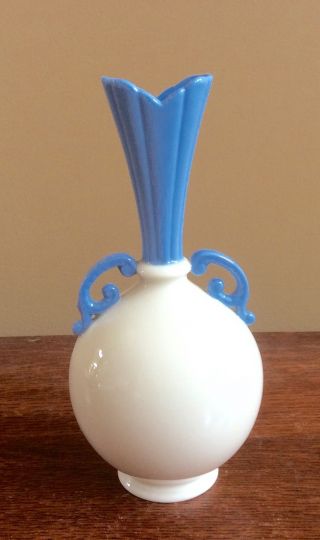 1930 ' S Lenox Green Mark White Ball Vase With Blue Neck And Handles photo
