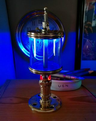 Restored Antique Vintage Ocean Blue Ruby Red Light Up Glass Brass Glowing Oiler photo