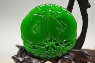 Exquisite Chinese Natural Green Jade Hand Carved Bat & Coin Pendant Fw11 photo