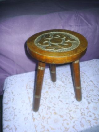 Antique Hand Crafted 3 Legged Milking Stool,  Ornate Carved Seat,  14 Inches Tall photo