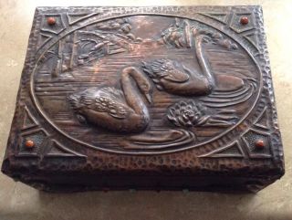 Arts & Crafts Period Copper Relief Over Wood Box Swans On A Lake photo