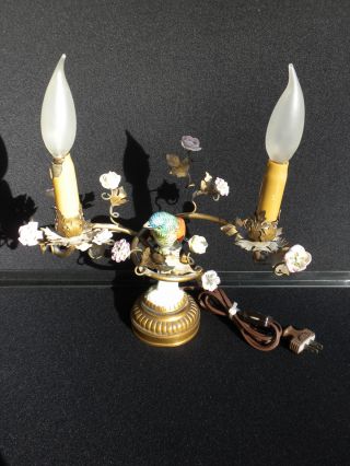 Ant/vint.  French Gilt - Metal / Ceramic/porcelain Bird &flowers Lamp This photo