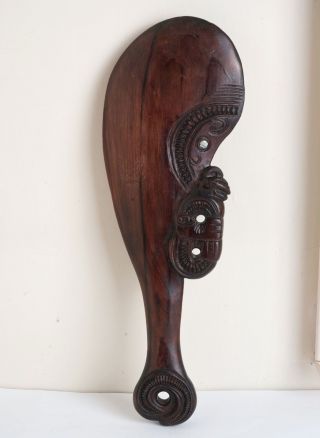 Vintage Zealand Maori Carved Wood Patu Tiki Wahaika Paua Shell Inlay Club photo