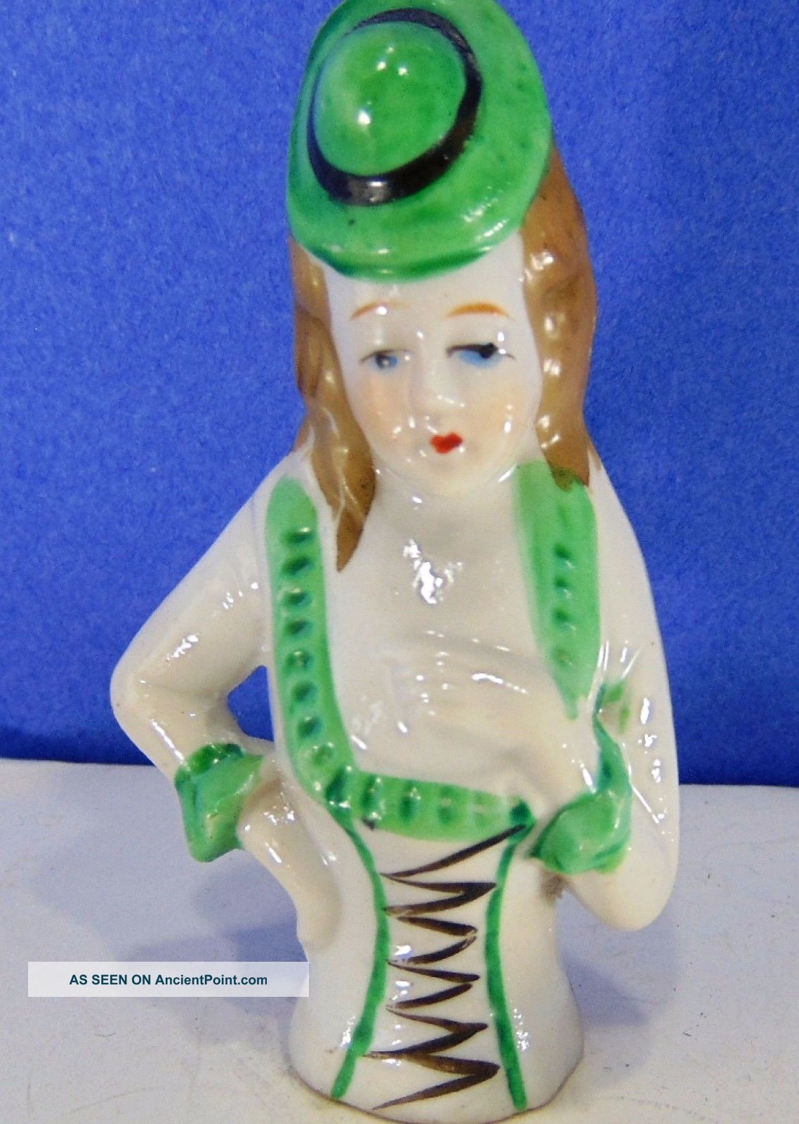 Antique Vtg Half Doll Pincushion Irish Green Hat Molded Hair Cabinet Sewing Home Pin Cushions photo