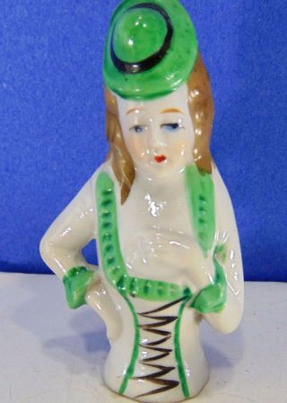 Antique Vtg Half Doll Pincushion Irish Green Hat Molded Hair Cabinet Sewing Home photo