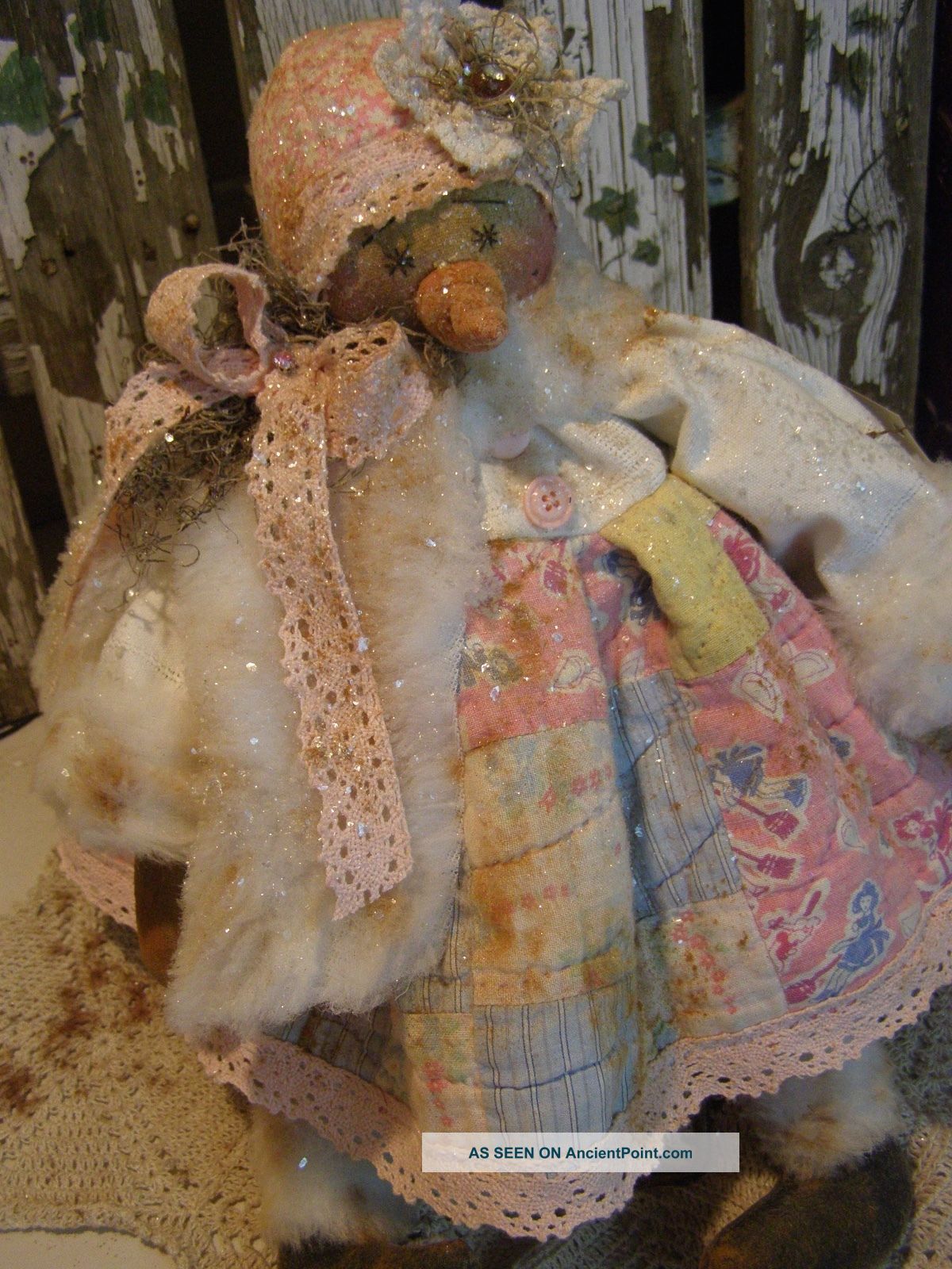 Primitive Snowman Doll Antique Quilt,  Old Photo,  Old Lace,  Folk Art Snowman Doll Primitives photo