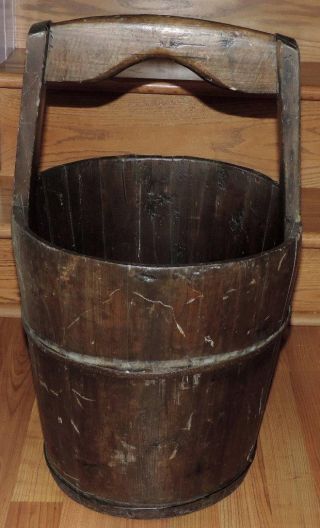1800 ' S Antique Primitive Handled Oval Wood & Wrought Iron Well Water Bucket/pail photo