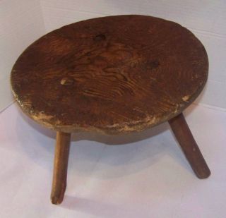 Antique Primitive Wooden Ash Burl Small Milking Stool Bench 3 Legs Mortised photo