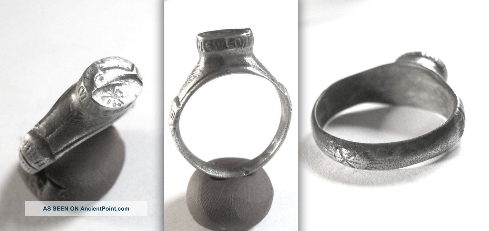 Medieval Knights Crusader Christian Silver Ring With Dolphin Cameo,  Inscribed Roman photo