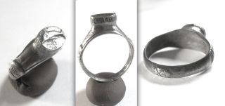 Medieval Knights Crusader Christian Silver Ring With Dolphin Cameo,  Inscribed photo