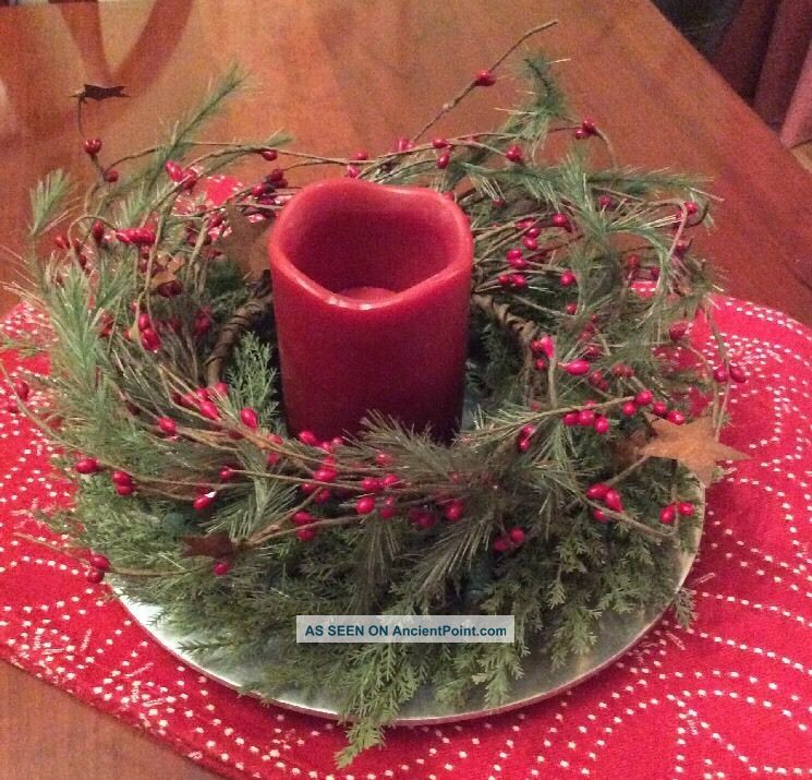 Primitive Country Nwt Christmas Berry Rusty Star Candle Ring Wreath 5 