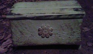 Small Little Primitive Old Stool With Design On Front Pale Green Paint photo