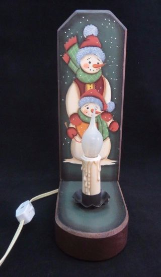 Rustic Country Christmas Snowman Electric Candle Light Wooden Lamp 10 1/4 